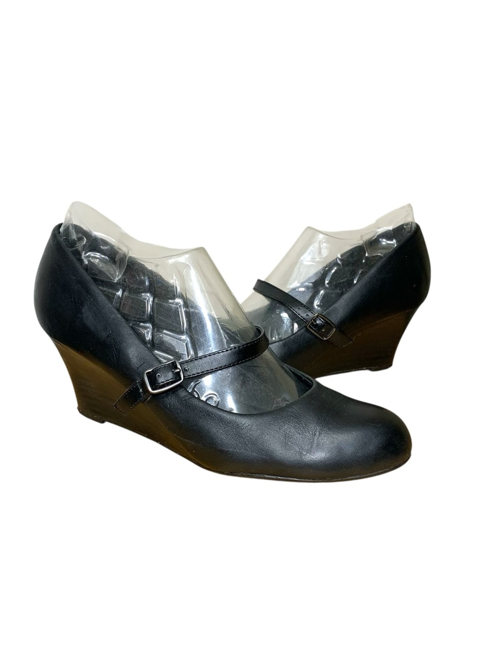 Ziera Black Leather Mary Jane Wedge Pumps 8 Buckle Strap Feminine Pinups Shoes